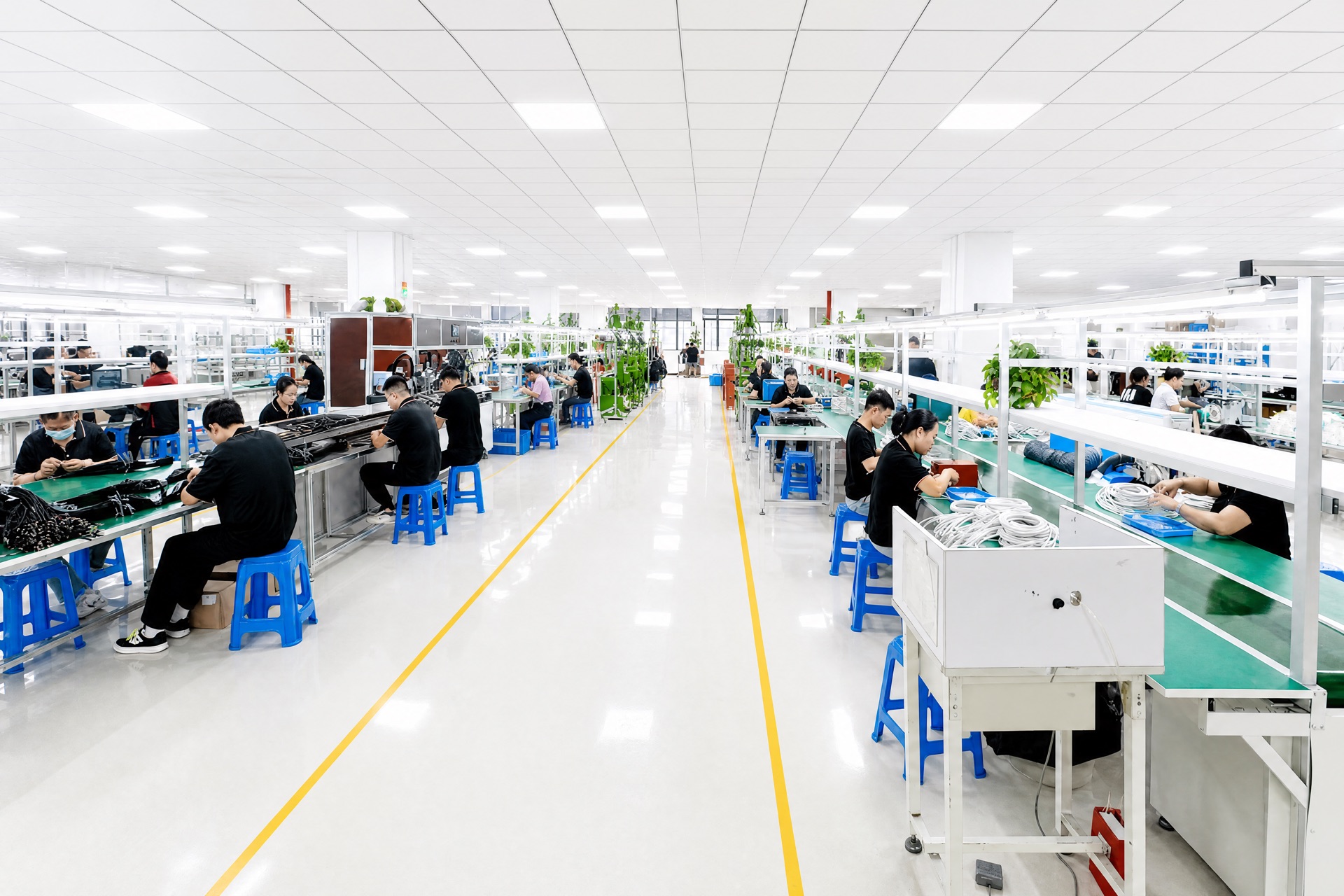 Weisi assembly line with workers and conveyor systems