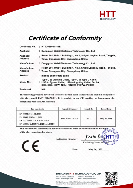 Weisi cable CE EMC certificate